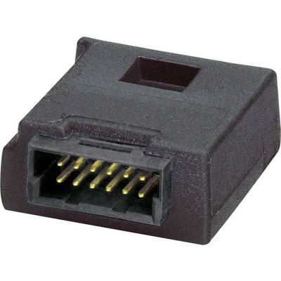 A black electronic connector with multiple golden contact pins used for data transmission.