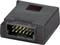 A black electronic connector with multiple golden contact pins used for data transmission.