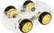 Four yellow wheels on a transparent chassis of a small robot car, suitable for technical projects or school projects.