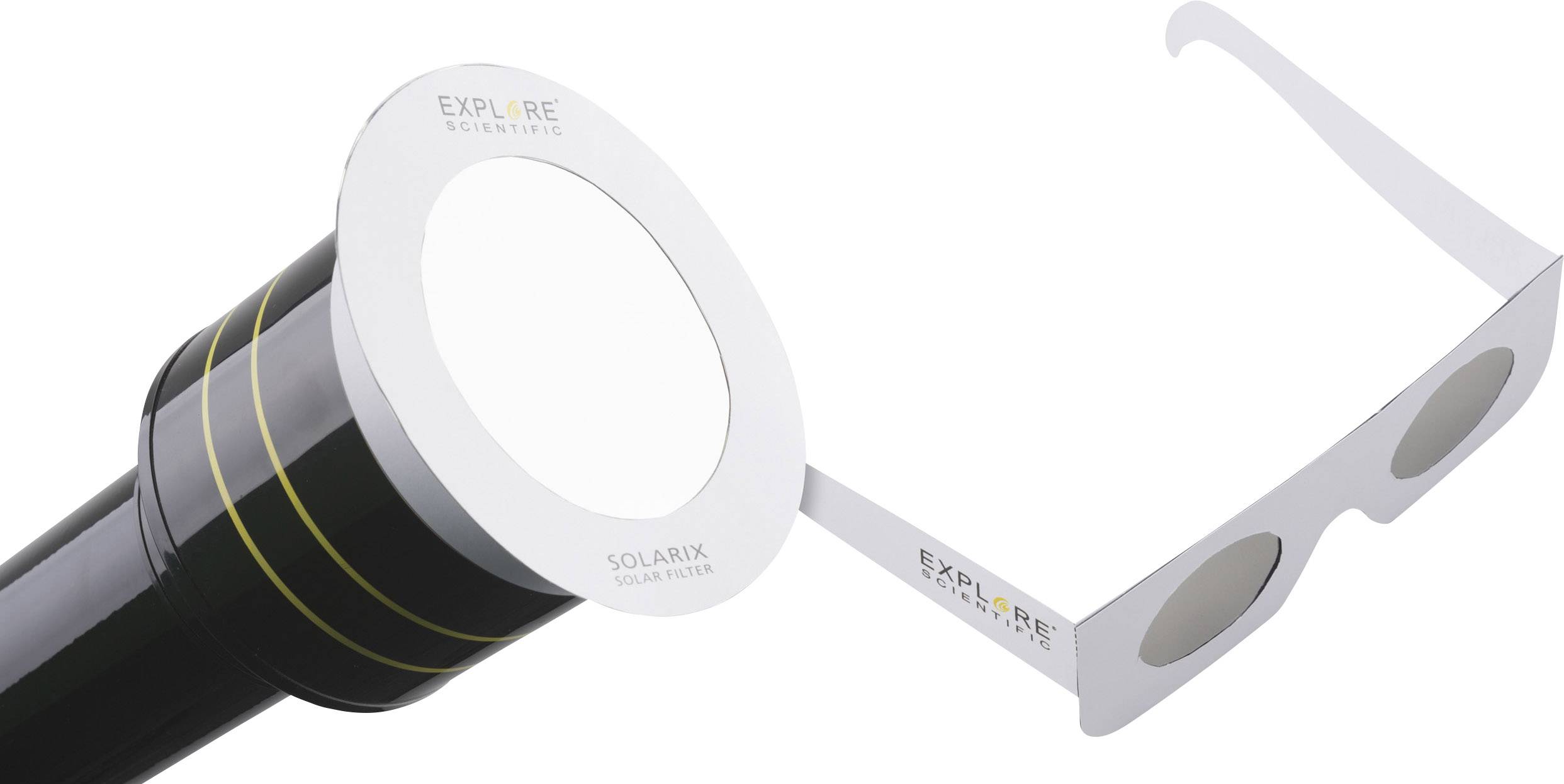 A black telescope with a white attachment and yellow rings is shown. Next to it lies a 3D pair of glasses with light-coloured lenses.