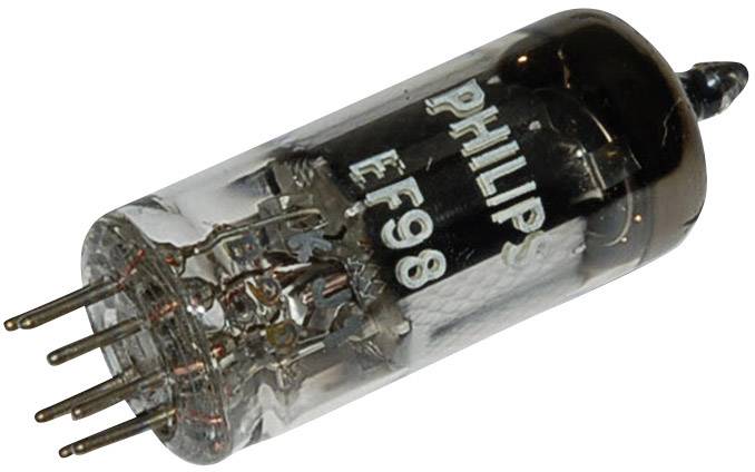 A Philips electron tube with the inscription 'EF98', several connection pins and the internal structure are visible.
