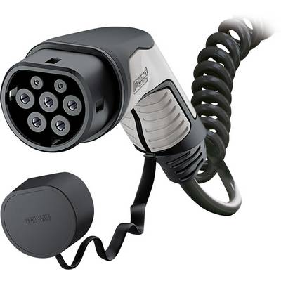 Electric car charging plug with a spiral-shaped cable. Plastic cover is open, revealing the plug connections.