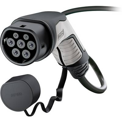 Electric vehicle charging plug with six contacts and a removable protective cover, attached to a cable.