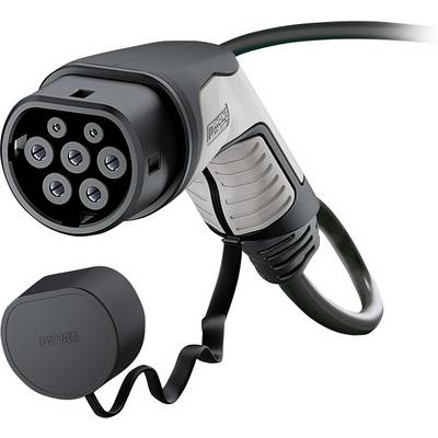 Close-up of a black and white electric vehicle charging plug with six socket contacts attached to a cable.