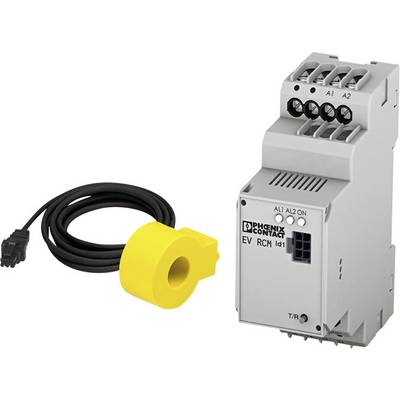 An electrical device with multiple connections shows the Phoenix Contact EV RCM Id1, alongside a yellow sensor ring accessory and a connecting cable.