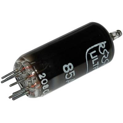 Multi-pin electron tube with markings on the glass envelope, used as an electronic component in amplifiers or radios.