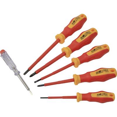 A set of isolated screwdrivers with yellow-red handles and a voltage tester on the left. Ideal for work on electrical equipment.