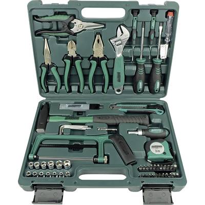 An open toolbox displays various tools such as pliers, screwdrivers, spanners, hammer, saw and tape measure.