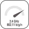 'Display of 2.4 GHz 802.11 b/g/n' with a tachometer indicating high performance.