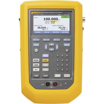 A yellow automatic pressure calibration device with digital display. Shows a pressure reading of '100,000 psi' and temperature '72.22°F'.