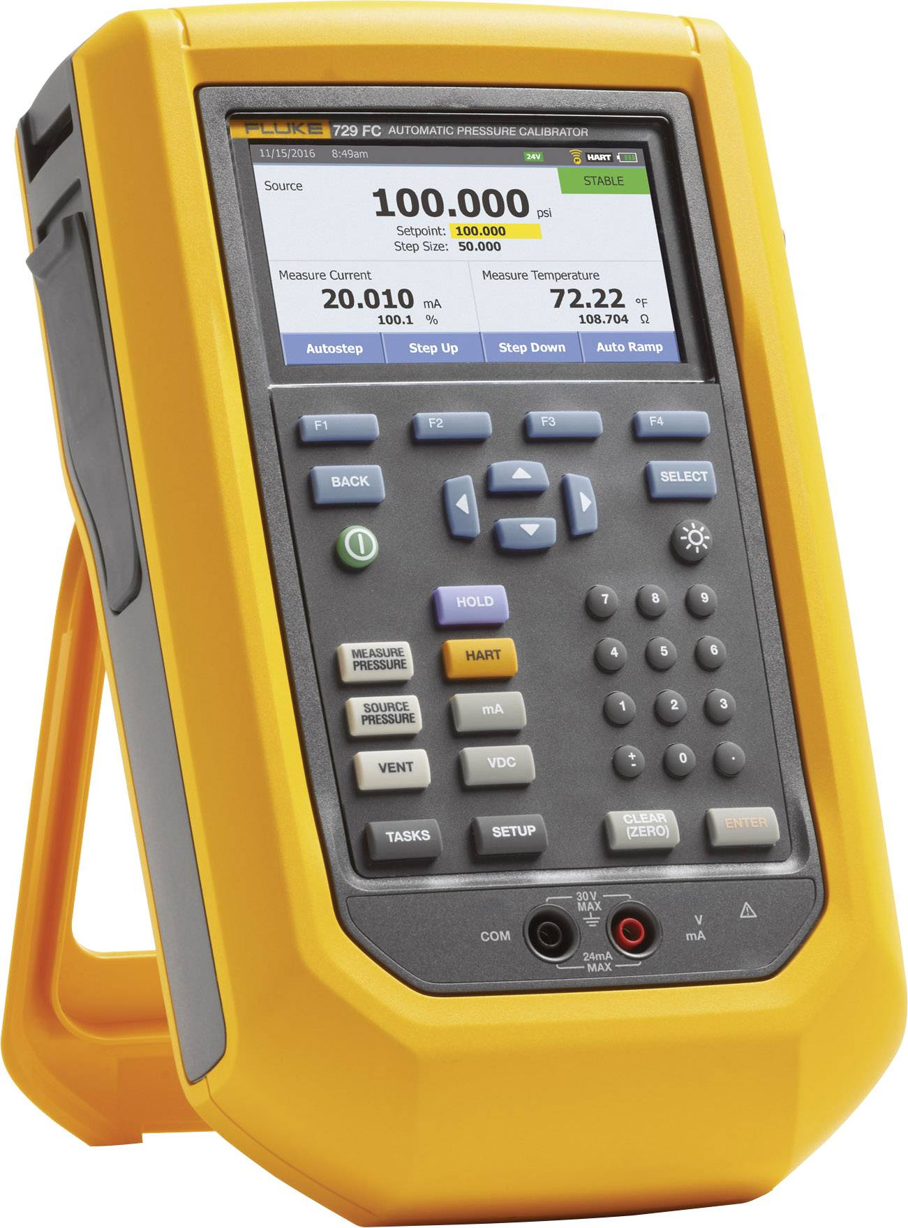 A portable, yellow pressure calibration device with a screen displays measurements of pressure, current, and temperature in various units.