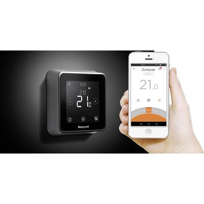 A smart thermostat on the wall displays 21 degrees. Beside it, a hand holds a smartphone with an app showing the same temperature.