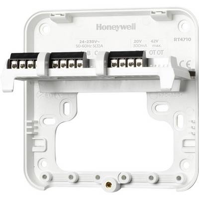 'Rear view of a Honeywell thermostat base, Model RT4710, with multiple connection terminals for wiring visible.'