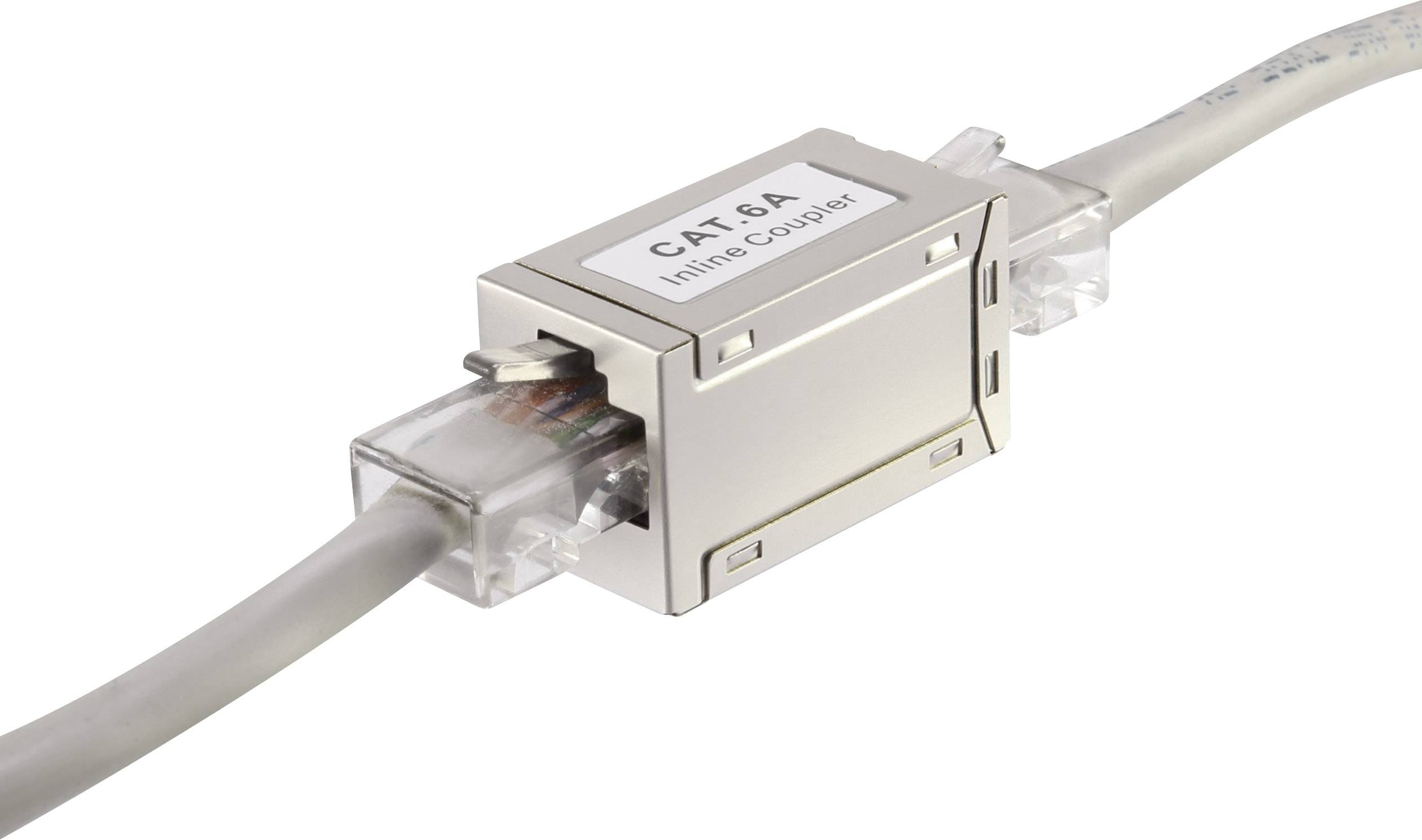 An inline coupler for Cat 6A network cables shows the connector and the connected cables.