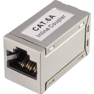 'CAT 6A Inline Coupler', metal housing, connects two Ethernet cables to extend network range.