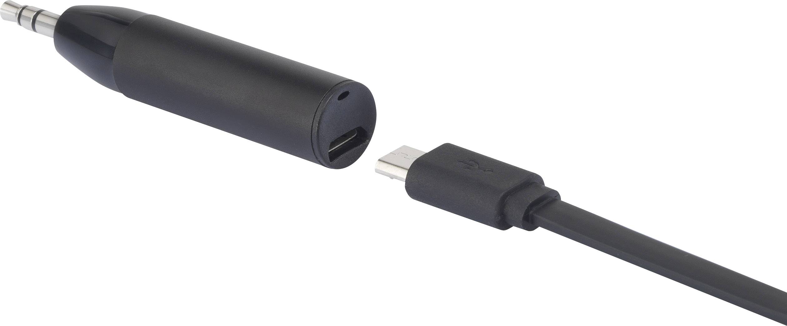 A black adapter with a 3.5 mm jack plug and a USB-C socket. The cable features a USB-C plug.