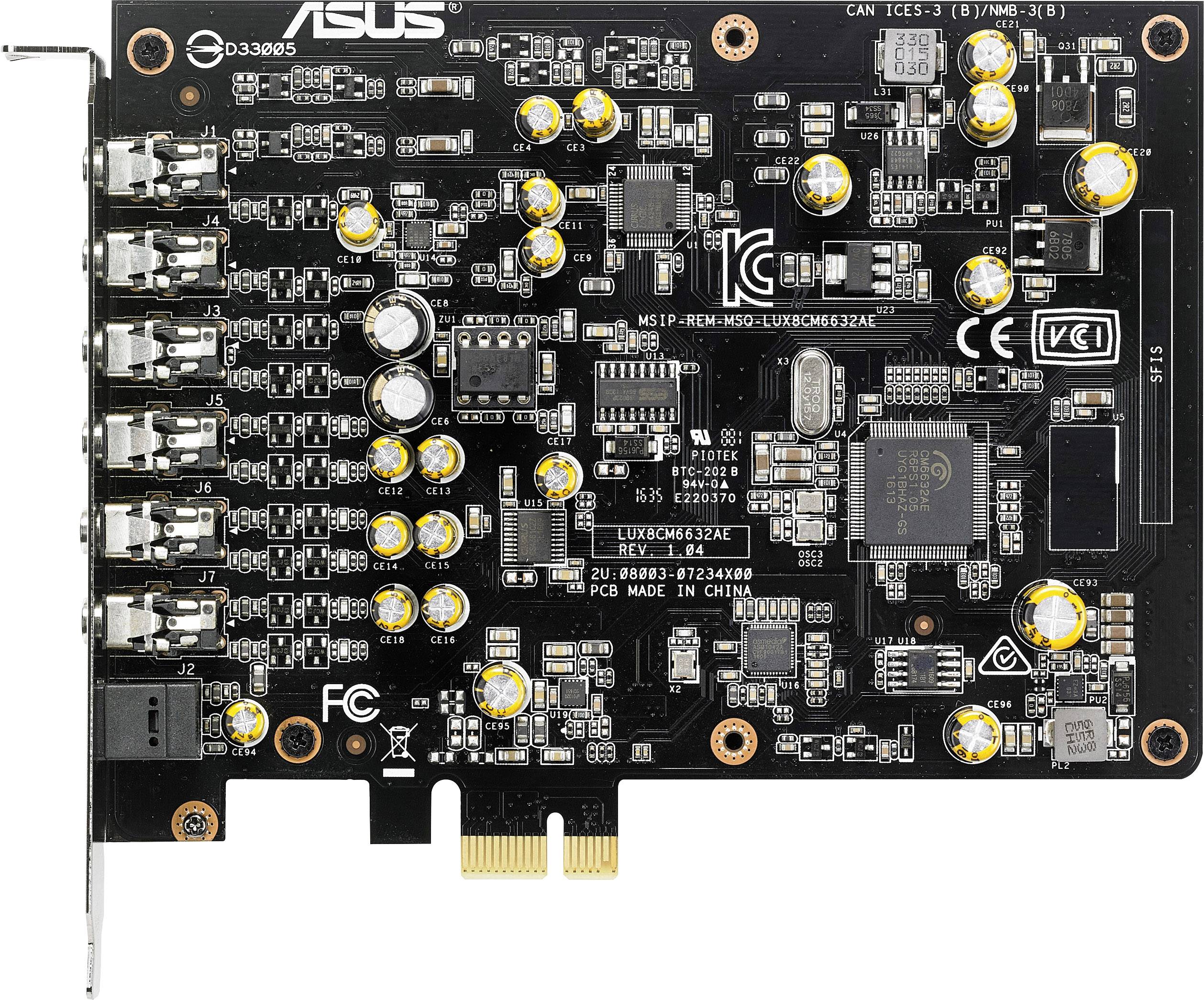 Image of an ASUS PCIe sound card with multiple audio ports and various electronic components on the circuit board.