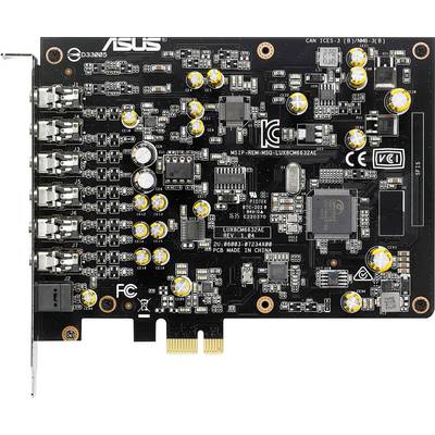 Image of an ASUS PCIe sound card with multiple audio ports and various electronic components on the circuit board.