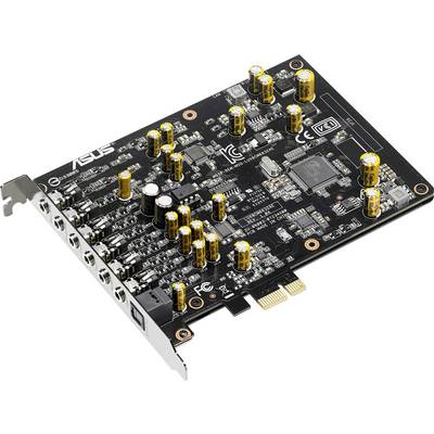 This illustration shows an ASUS sound card with multiple golden capacitors and various audio output connections.