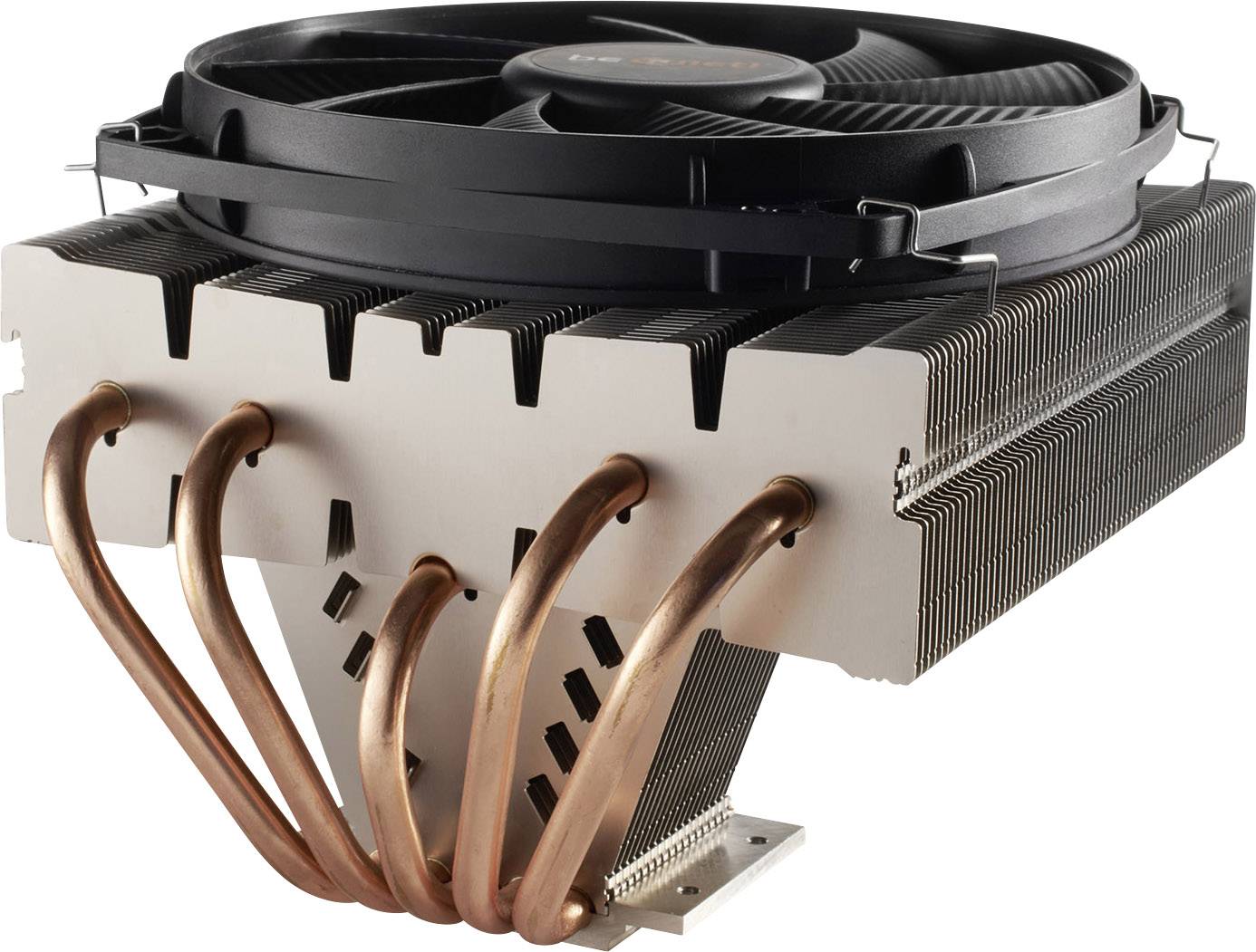 Large CPU cooler with black fan blades, silver cooling fins, and five curved copper heat pipes.