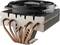 Large CPU cooler with black fan blades, silver cooling fins, and five curved copper heat pipes.
