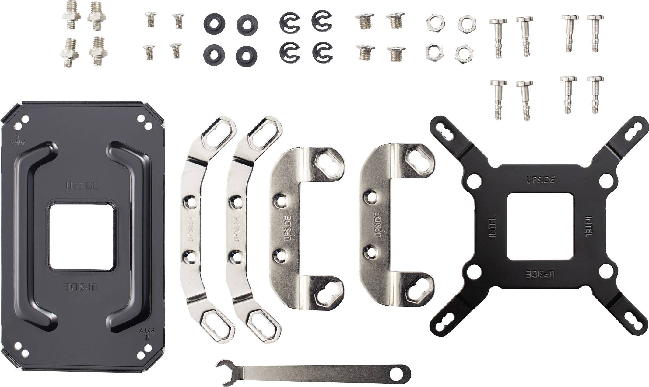 Metal component set for CPU cooler mounting, including screws, plates and Allen key, on white background.