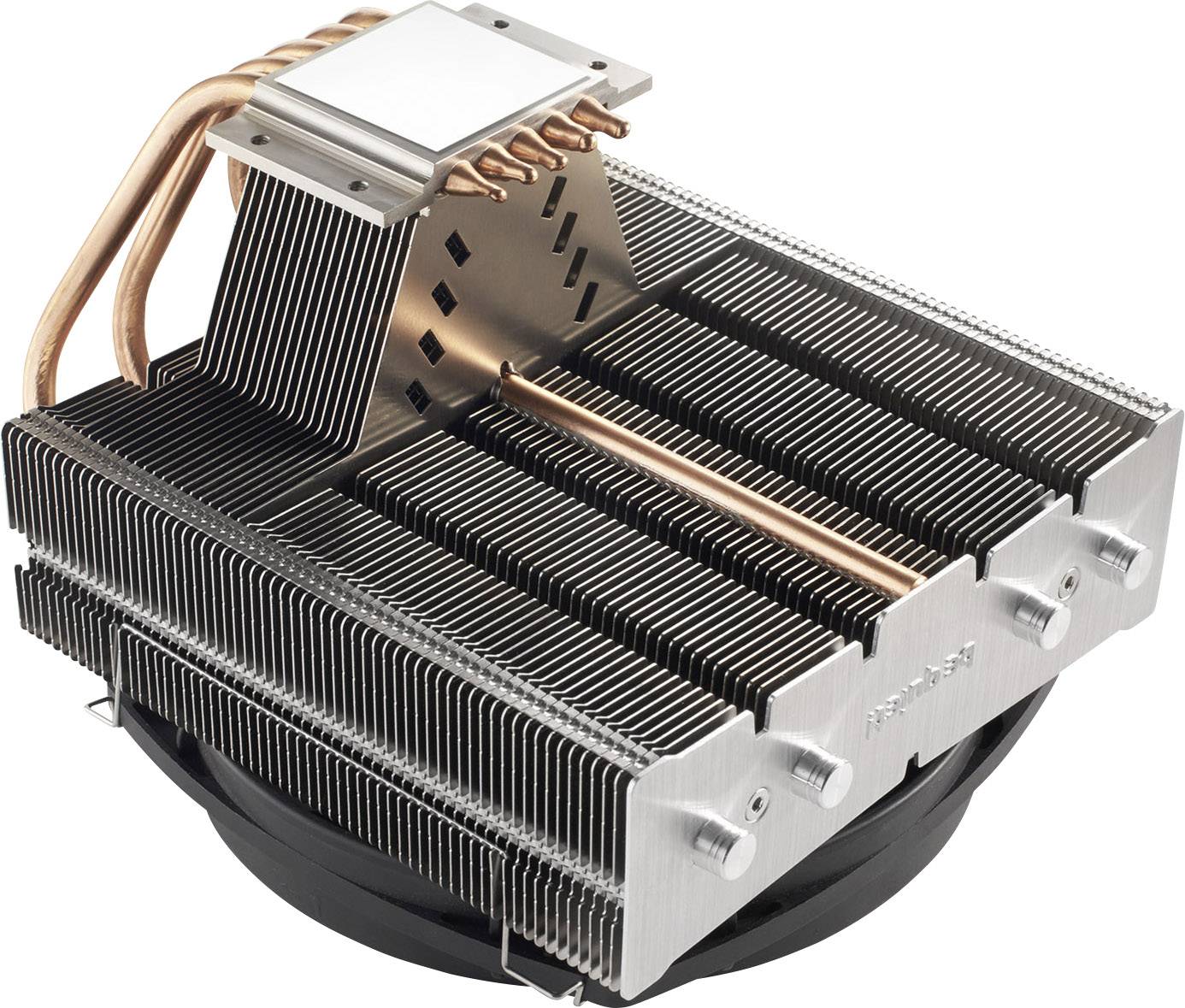 Large aluminium and copper CPU cooler with multiple fins and heat pipes, designed for efficient heat dissipation in computers.