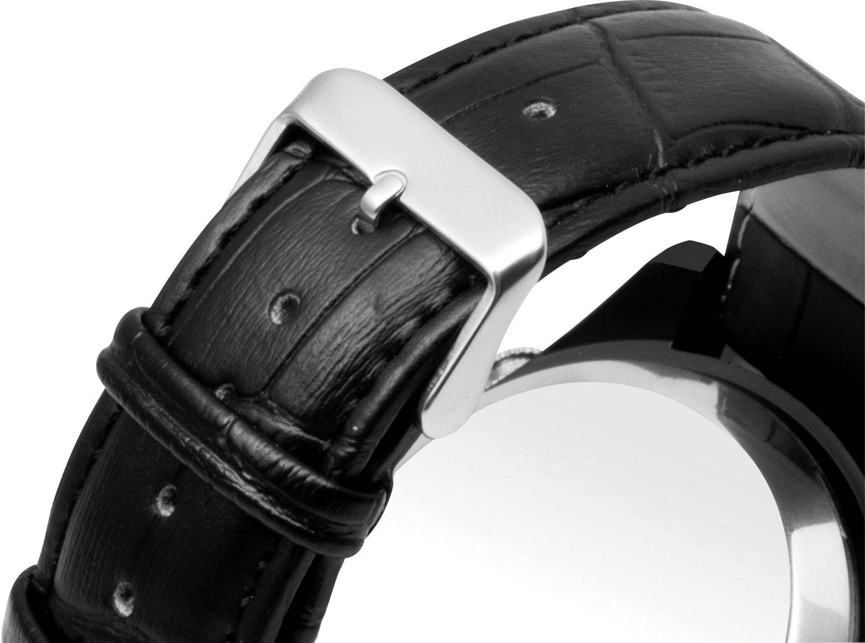 A luxury watch with a black leather strap and metal buckle, with the back showing the casing and detailed leather texture.