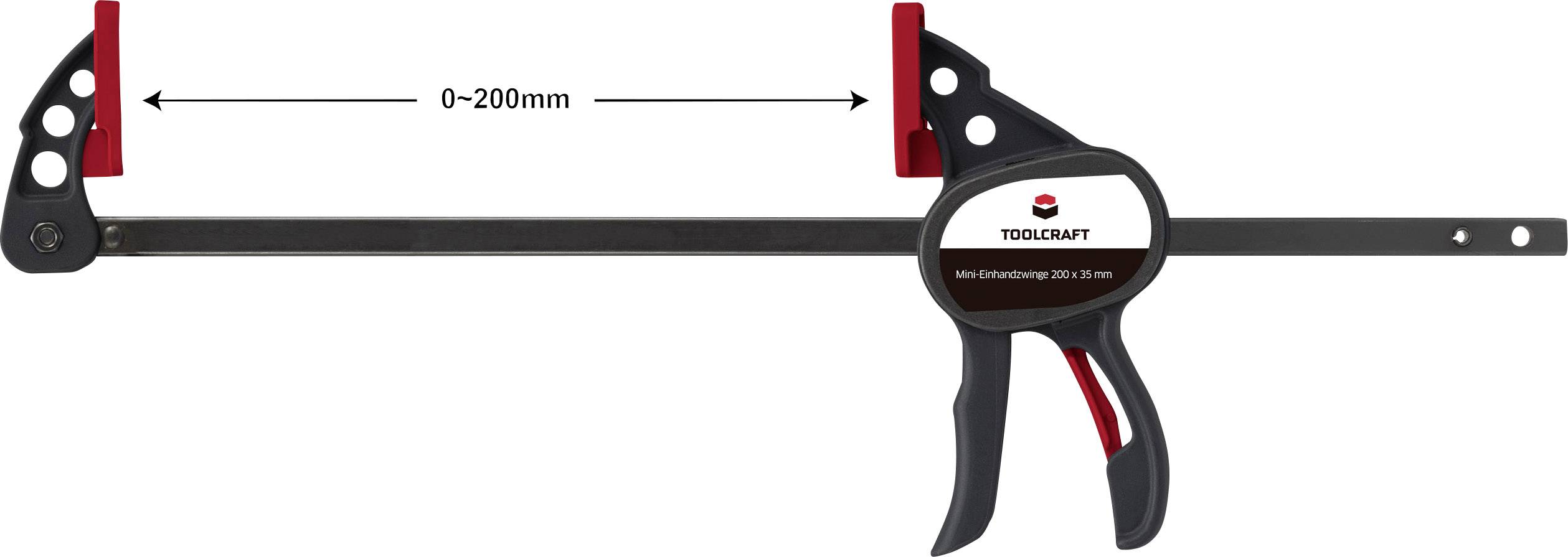 Bar clamp with a black metal body, red handle, and clamping range of 0–200 mm.