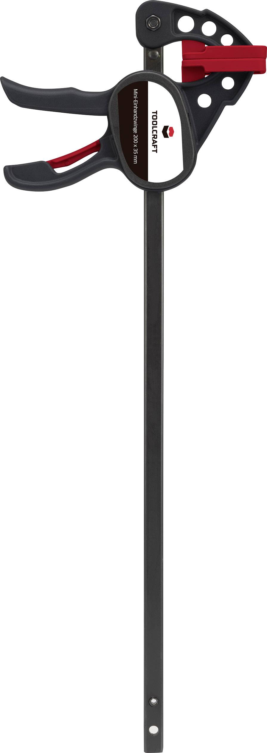 Black one-handed clamp with red handle and black tension arm, suitable for securely fixing workpieces in craft projects.