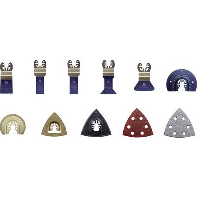 Various multi-tool saw blades and sanding attachments in a row. The attachments vary in shape and material for different applications.