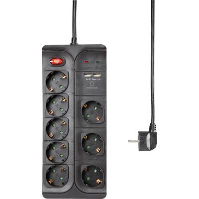 Black power strip with eight socket outlets, switch located at the top left. USB connections on the upper surface. European plug type.