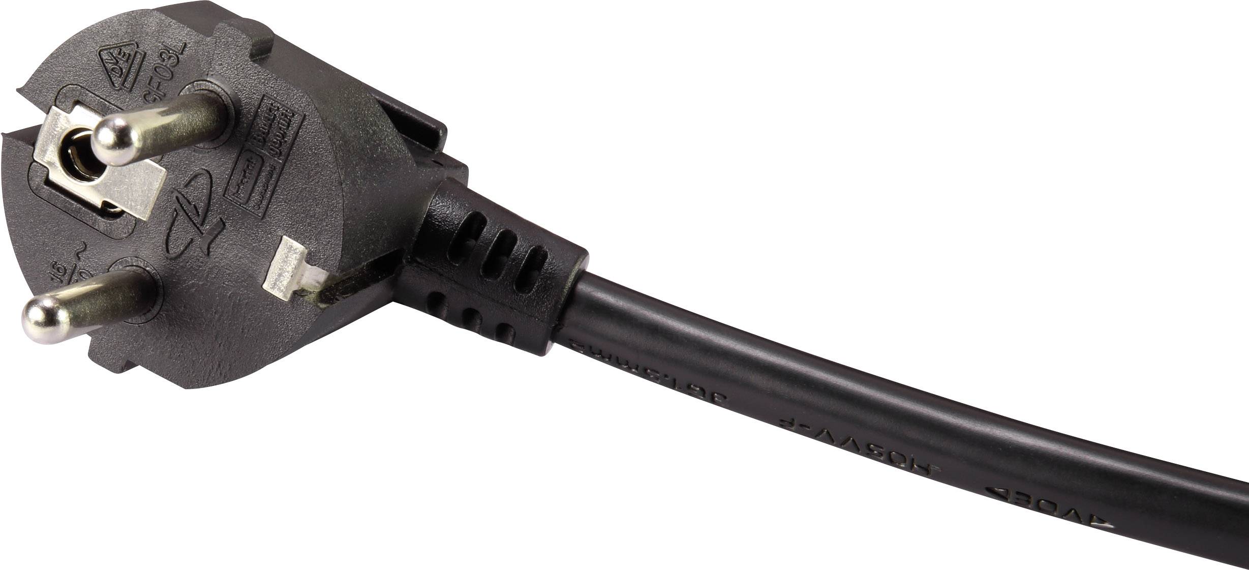 Black Schuko plug with cable, two-pole, side view, for use with European sockets, standard model.