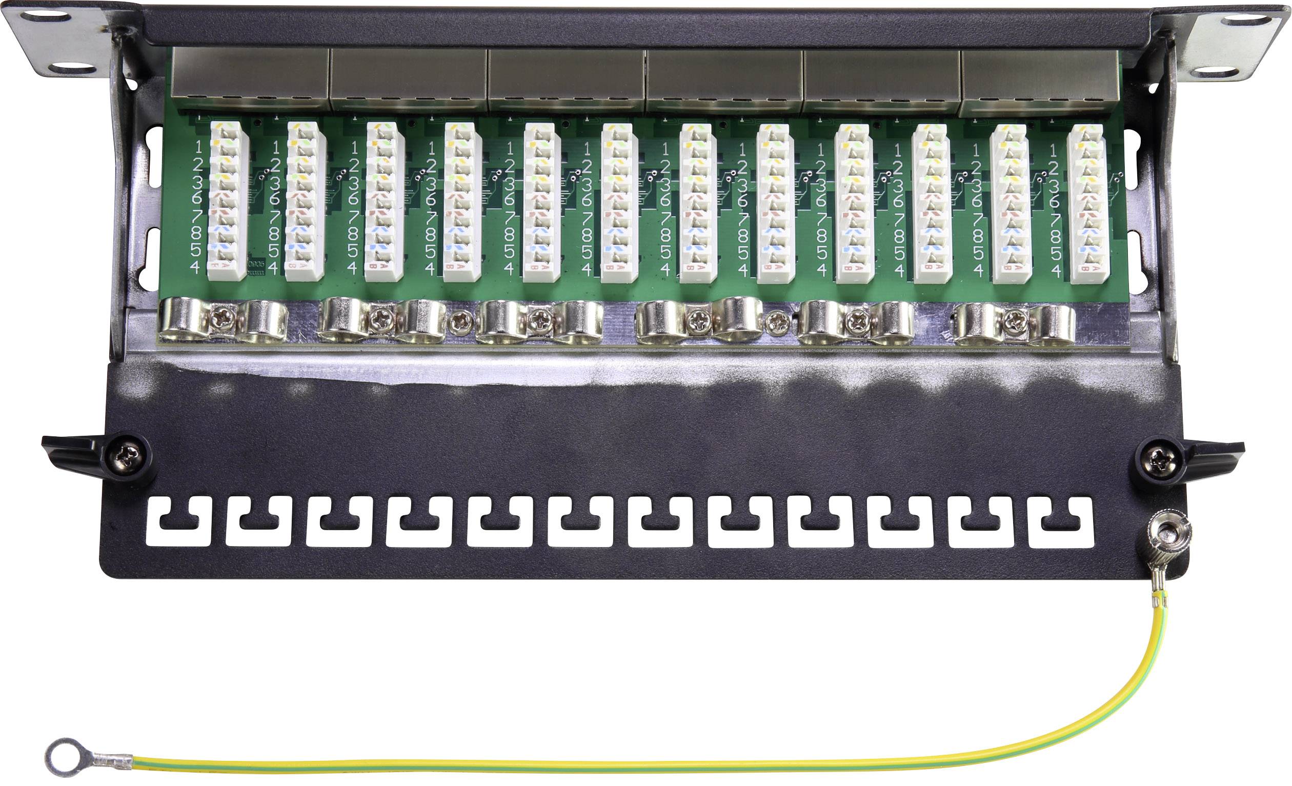An unpopulated LSA connection module with 12 slots, for network cabling in a server room, cable connection located bottom right.