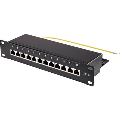 Black CAT.6 patch panel with 12 Ethernet ports, numbered 1 to 12, and yellow earthing cable, used for network cabling.