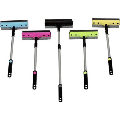 Five colourful window squeegees in blue, pink, black, green and yellow on a white background, with long handles and sponge strips.
