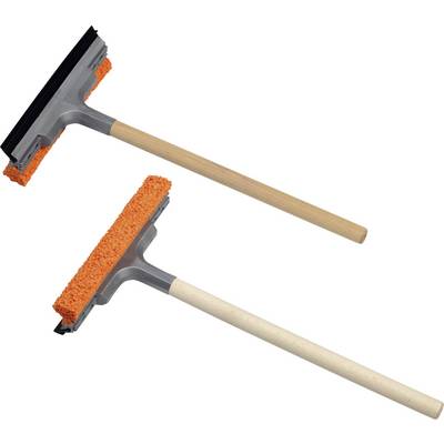 Two floor mops with wooden handles and orange sponges, lying side by side, display different designs.