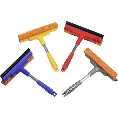 Four window squeegees in different colours (blue, yellow, red, grey), each with a rubber lip and sponge attachment.