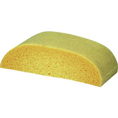 A halved piece of yellow bread with a soft, fine crumb and smooth crust on the top surface.