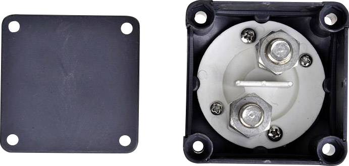 'Metal connection box with removed cover, showing two screw terminals and an insulated surface.'