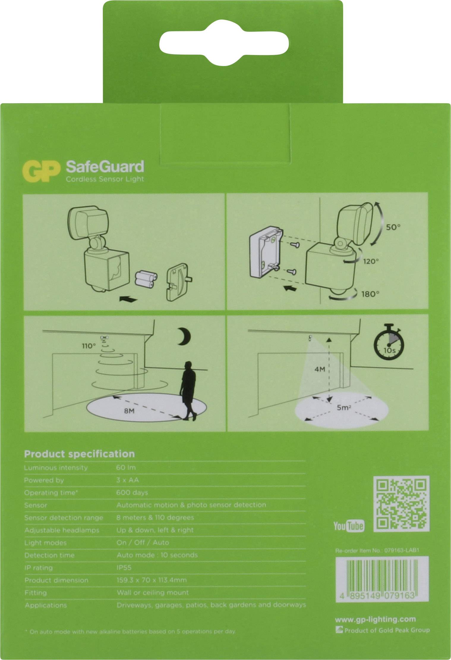 Motion Sensor Light 'GP SafeGuard' Installation Instructions: Shows wall mounting, motion detection radius of 120 degrees, maximum range of 10 metres.