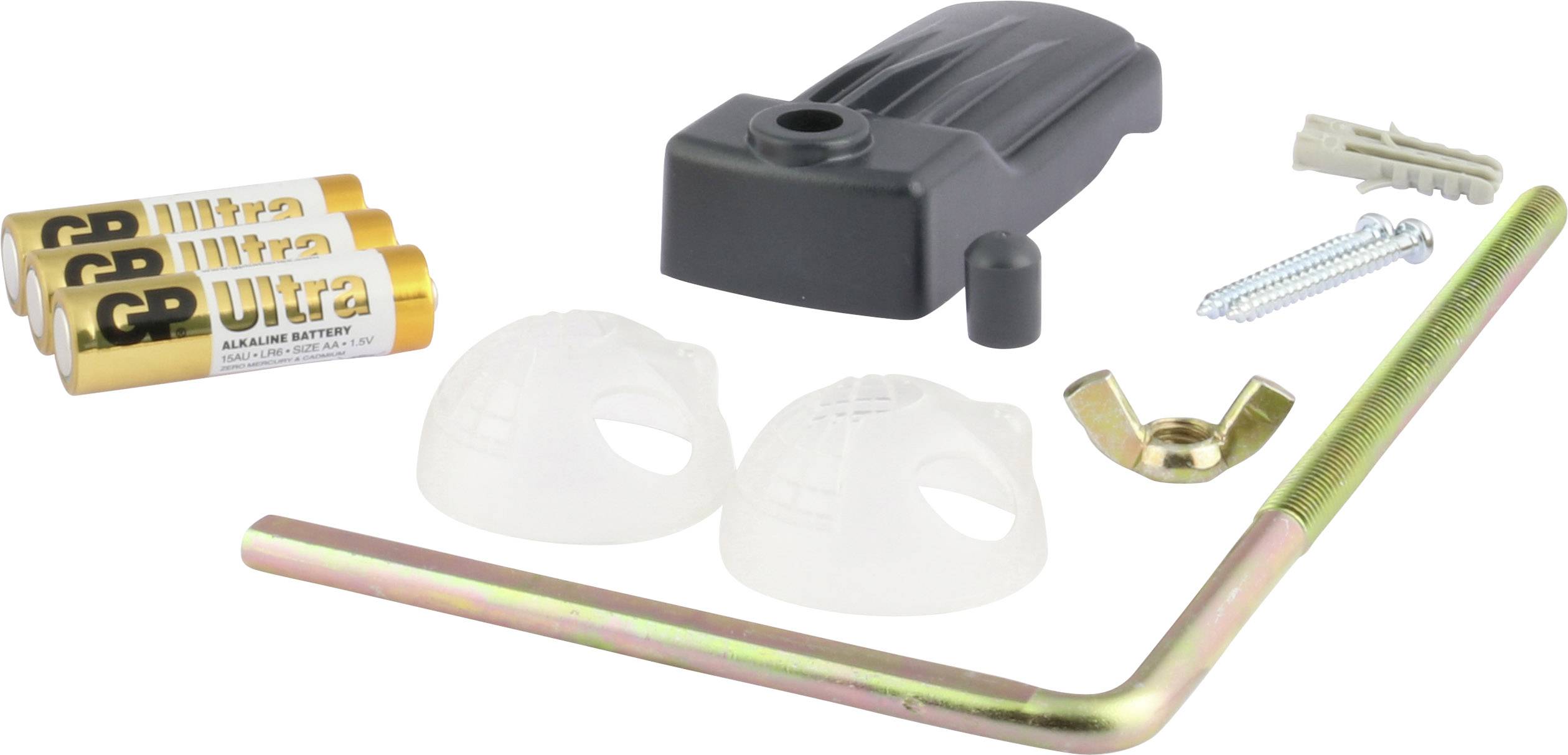 Accessory set with batteries, mounting screws, wall plugs, wing nut and installation tool for electronic devices.
