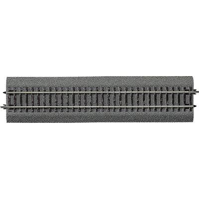 Track section on a gravel bed, suitable for model railway, with two parallel rails and uniform sleepers.