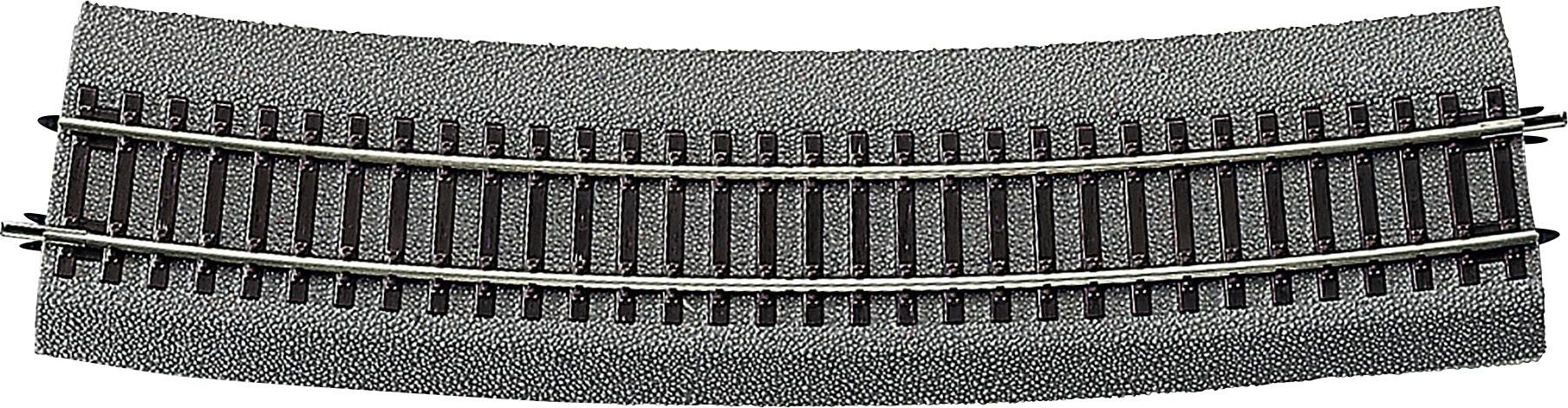 A section of a curved model railway track with sleepers and rails. It has a grey, ballast-like base.