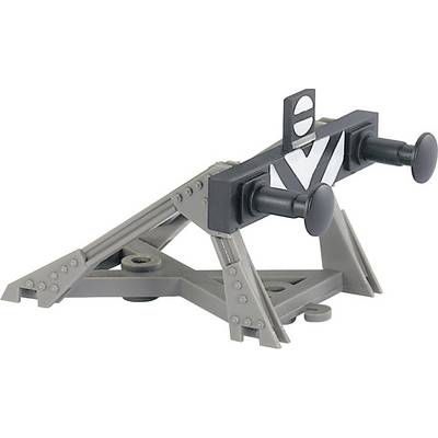 Plastic model of a buffer stop construction made from silver and grey material with two large black buffer heads.