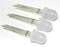 Three white LEDs side by side with six metal terminals. They are arranged on a white surface.