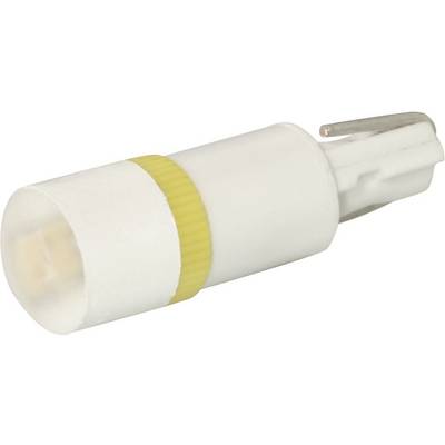 A white LED light block with a yellow ring in the centre and two metal pins for electrical connection.