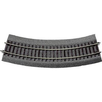 Model railway tracks with a gentle curve and dark gravel ballast. Suitable for model railway landscapes to depict trains on a curved section.