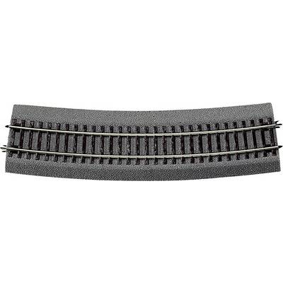 A curved model railway track made of metal and plastic, suitable for model railway layouts.