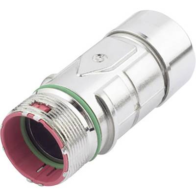 Metallic connection plug with red and green rings, cylindrical in shape, suitable for technical connections and wiring.
